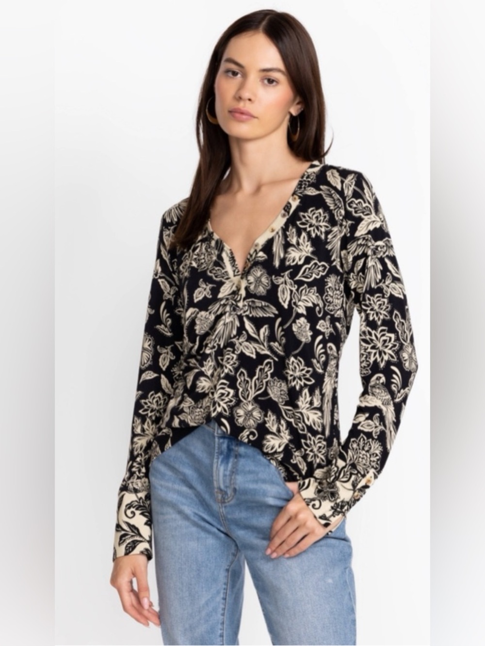 Johnny‎ Was Noah Henley Long Sleeve Swing Tee Shirt Black Floral Sz Medium
